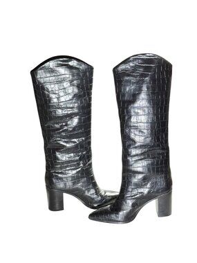 Schutz Mariana Black Crocodile-Embossed Leather Knee-High Black Boots 9.5B